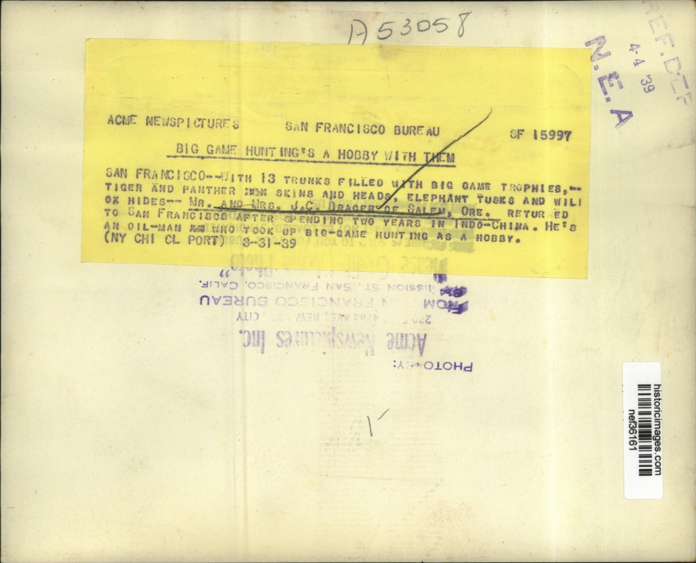 1939 Press Photo Mr. and Mrs. J.C. Drager return to San Francisco - nef36161