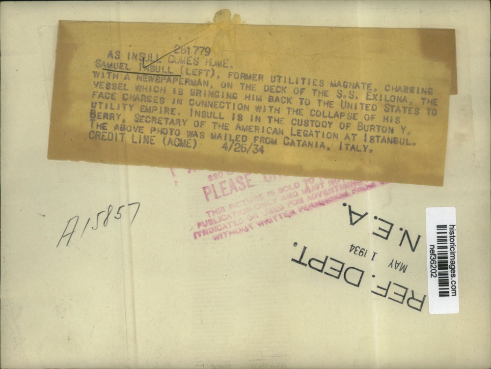 1934 Press Photo Samuel Insull, Utilities Magnate on the deck of S.S. Exilona