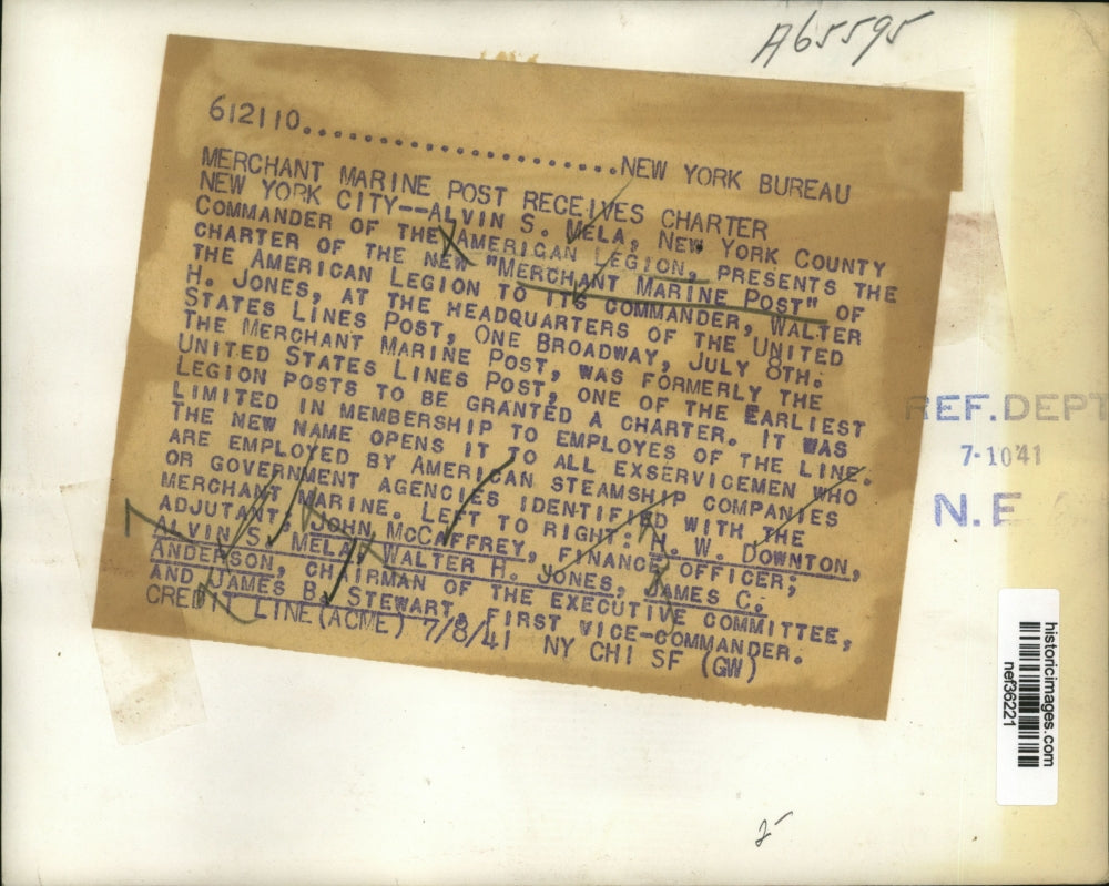 1941 Press Photo Alvin S.Mela presented the Charter of the Merchant Marine Post