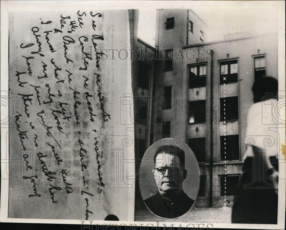 1940 Press Photo Melvile James Cox Jumps From 3-Story Room of Police Headquarter