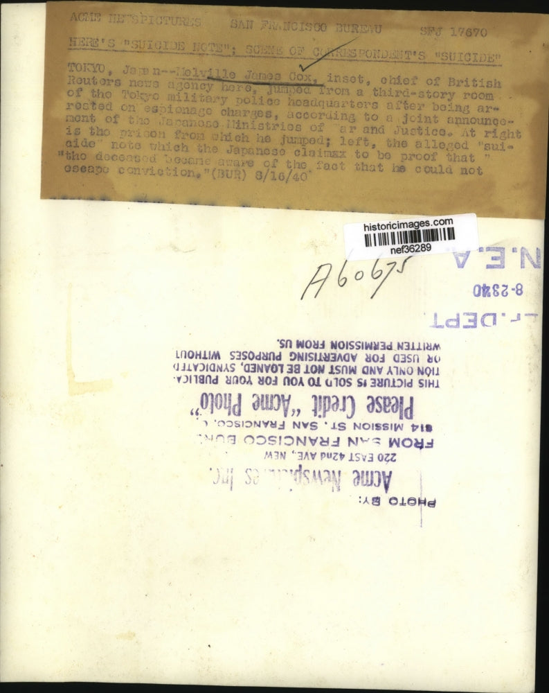 1940 Press Photo Melvile James Cox Jumps From 3-Story Room of Police Headquarter