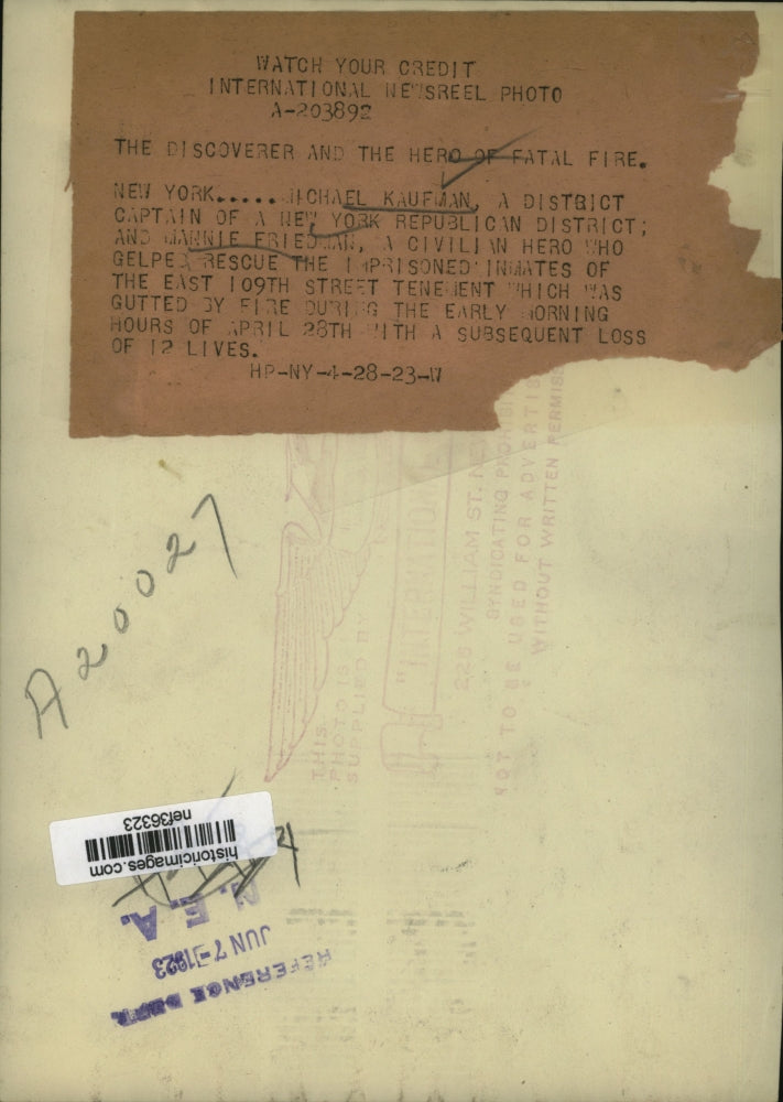 1923 Press Photo Michael Kaufman & Marnie Friedman Discoverer & Hero Fatal Fire