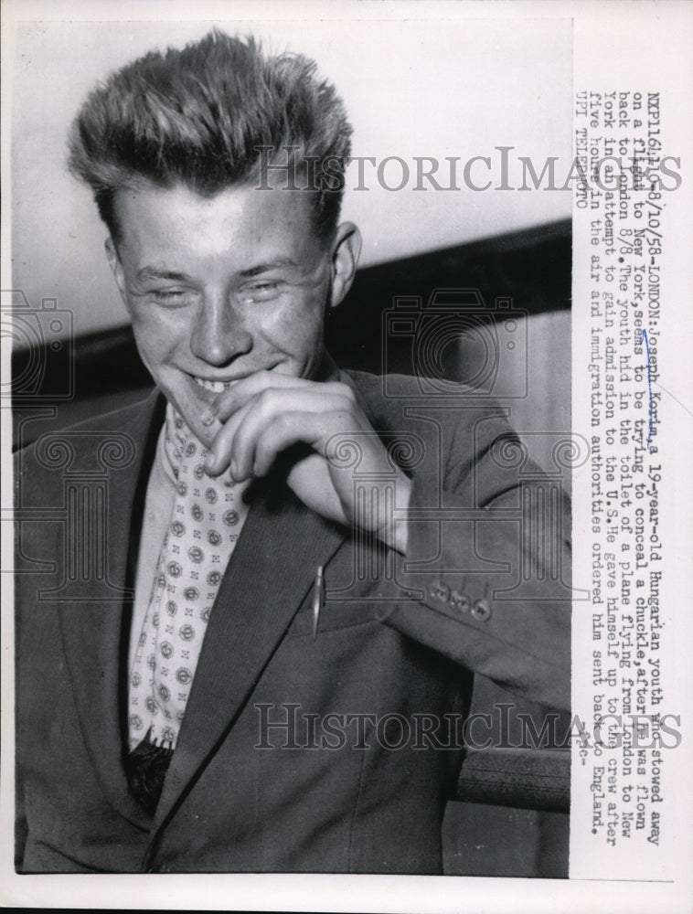 1958 Press Photo Joseph Koria Hugarian Stow Away Hid in Toilet of Plane