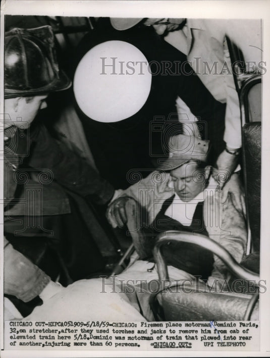 1959 Press Photo Firemen Put Dominic Paris on Stretcher After Remove From Cab