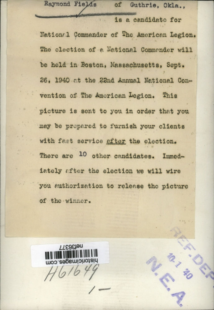 Load image into Gallery viewer, 1940 Press Photo Raymond Fields candidate for Natl.Commander of American Legion
