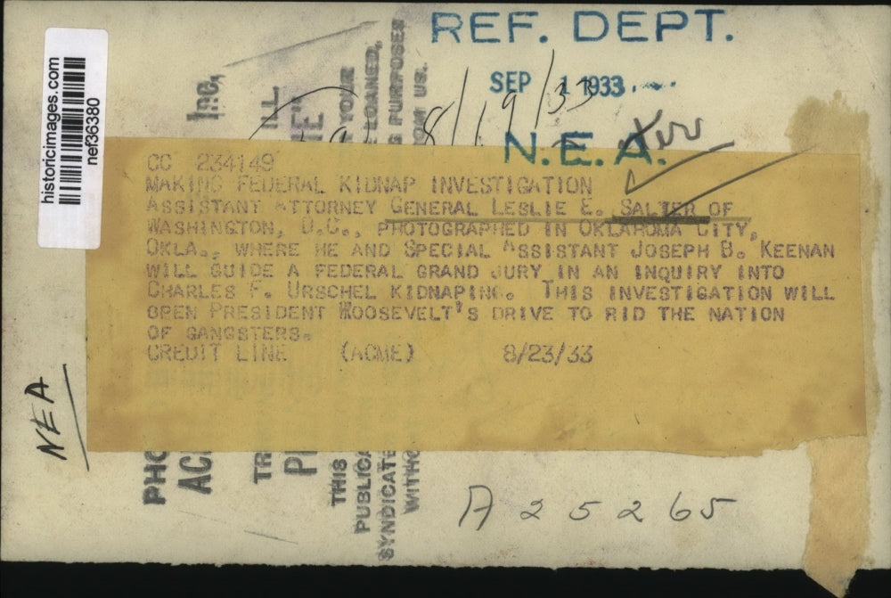 1933 Press Photo Atty.Gen.Leslie E Salter make Federal kidnap Investigation