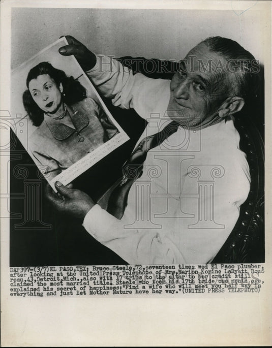 1952 Press Photo Bruce Steel El Paso Plumber Age 72 Married 17 Times