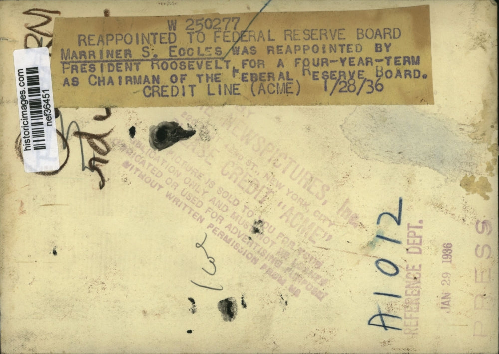 1936 Press Photo Marriner S Eccles Reappointed to Federal Reserve Board