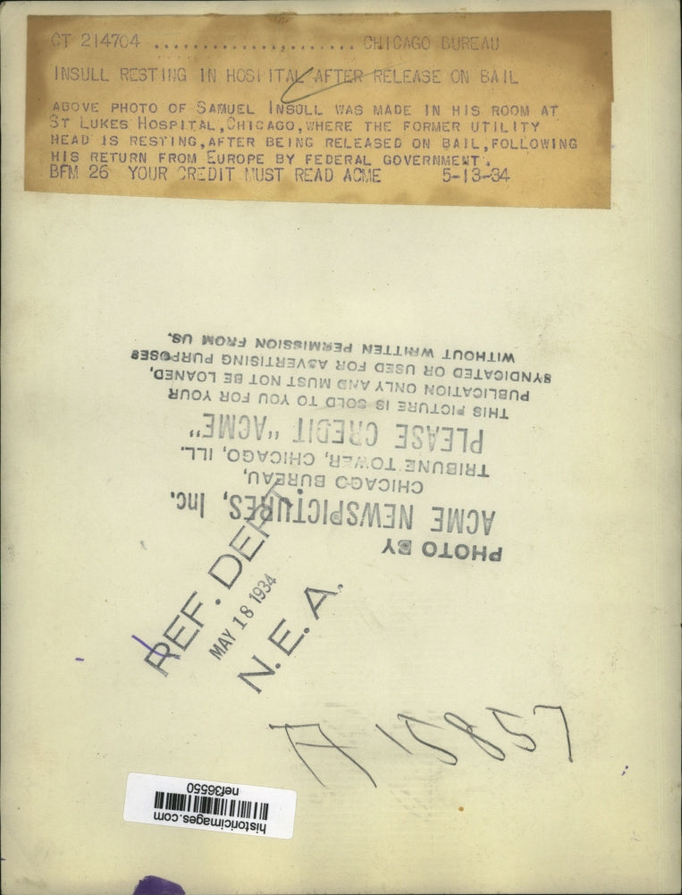 1934 Press Photo Samuel Insull Resting in Hospital After Release on Bail