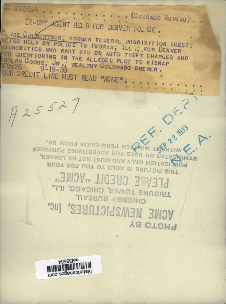 1933 Press Photo Clyde Culberston Held in Peoria, IL on Auto Theft & Kidnapping