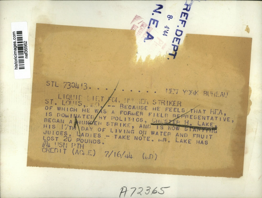 1944 Press Photo Chester Lake Former REA Representative on Hunger Strike