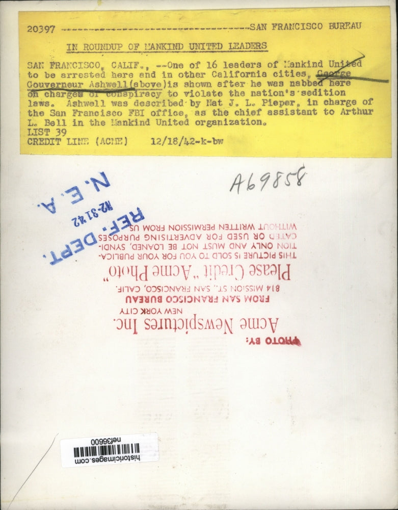 Load image into Gallery viewer, 1942 Press Photo George Gouverneur Ashwell Charged on Sedition Law Violations
