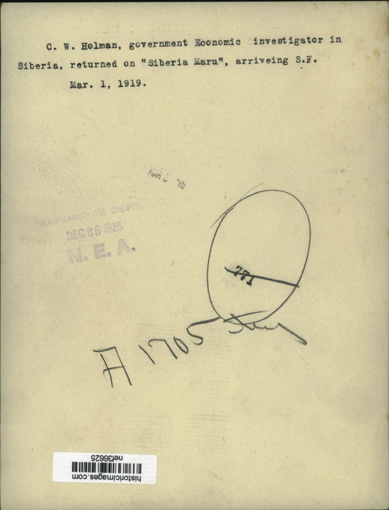 1925 Press Photo C.W. Holman Economic Investigator in Siberia Arrives in US