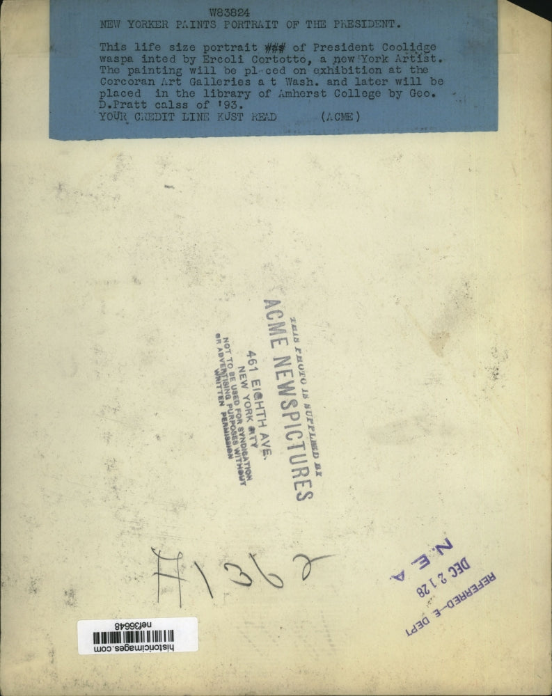 1928 Press Photo President Calvin Coolidge Portraited Painted by Ercoli Cortotto