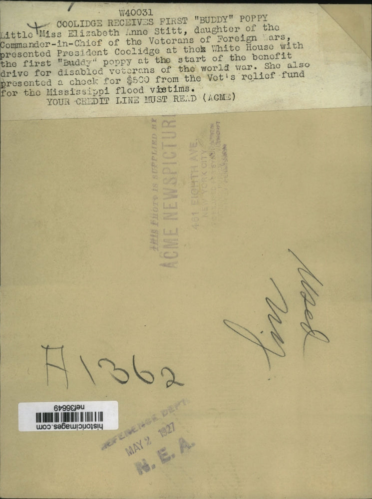 1927 Press Photo President Calvin Coolidge w/ Elizabeth Anne Stitt @ White House