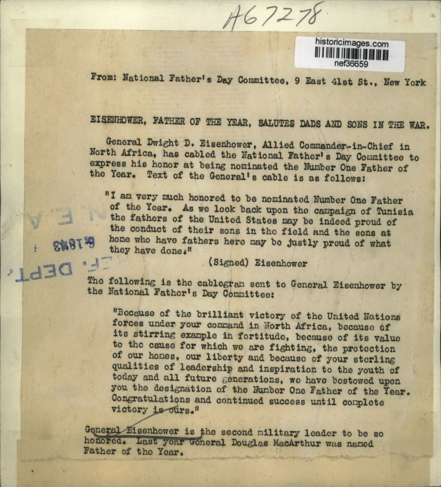 1943 Press Photo General Dwight Eisenhower Honored as Father of the Year