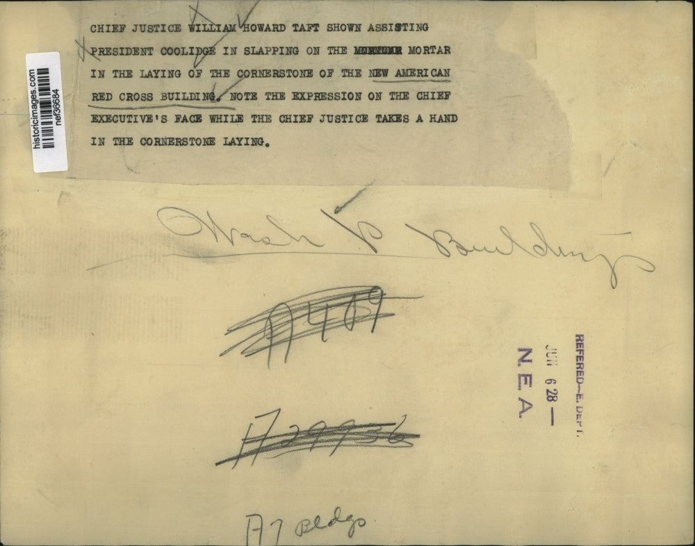 1928 Press Photo Pres. Calvin Coolidge, William Taft Lay Red Cross Cornerstone