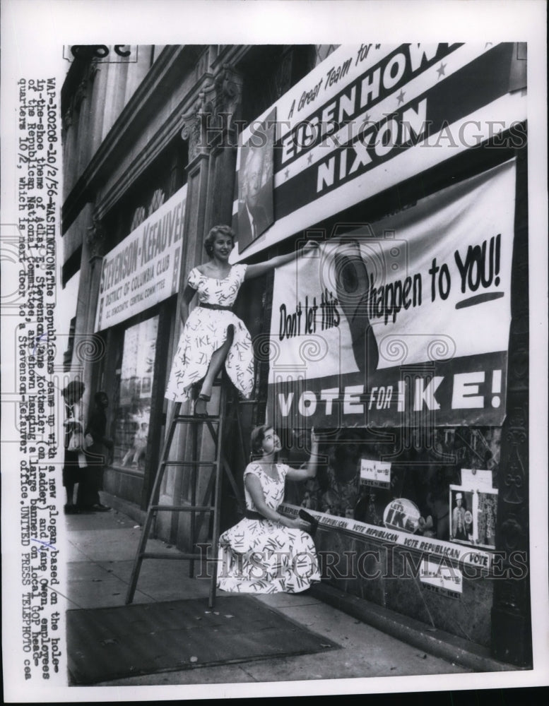 Load image into Gallery viewer, 1956 Press Photo Republican National Committee Members Hang Campaign Signs
