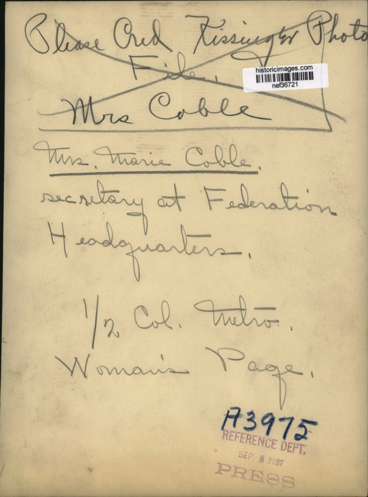 1927 Press Photo Mrs.Marie Coble Sec. of Federation Headquarters - nef36721