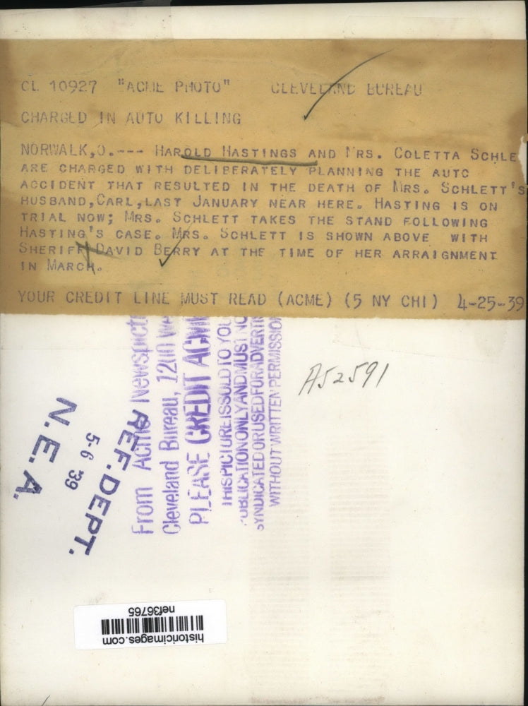 1939 Press Photo Harold Hasting and Mrs.Coletta Schle charges in Auto Killing