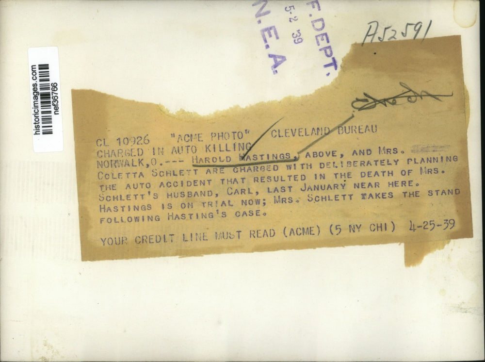 1939 Press Photo Harold Hasting charged with auto killing of Mr. Carl Schlett