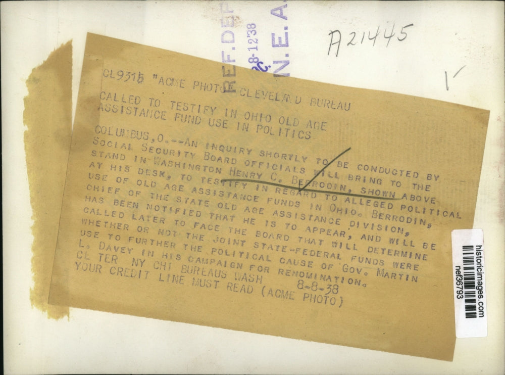 1938 Press Photo Henry C Berrodin to Testify to Alledged Political Use of Funds