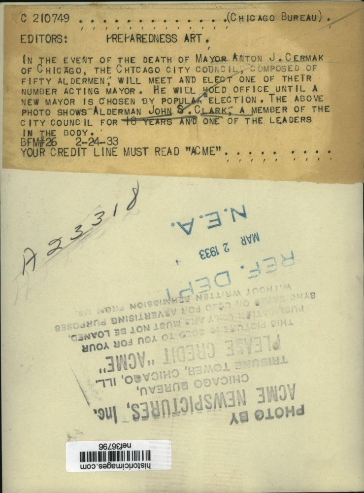 1933 Press Photo Alderman John S Clark Member of City Council For 18 Years