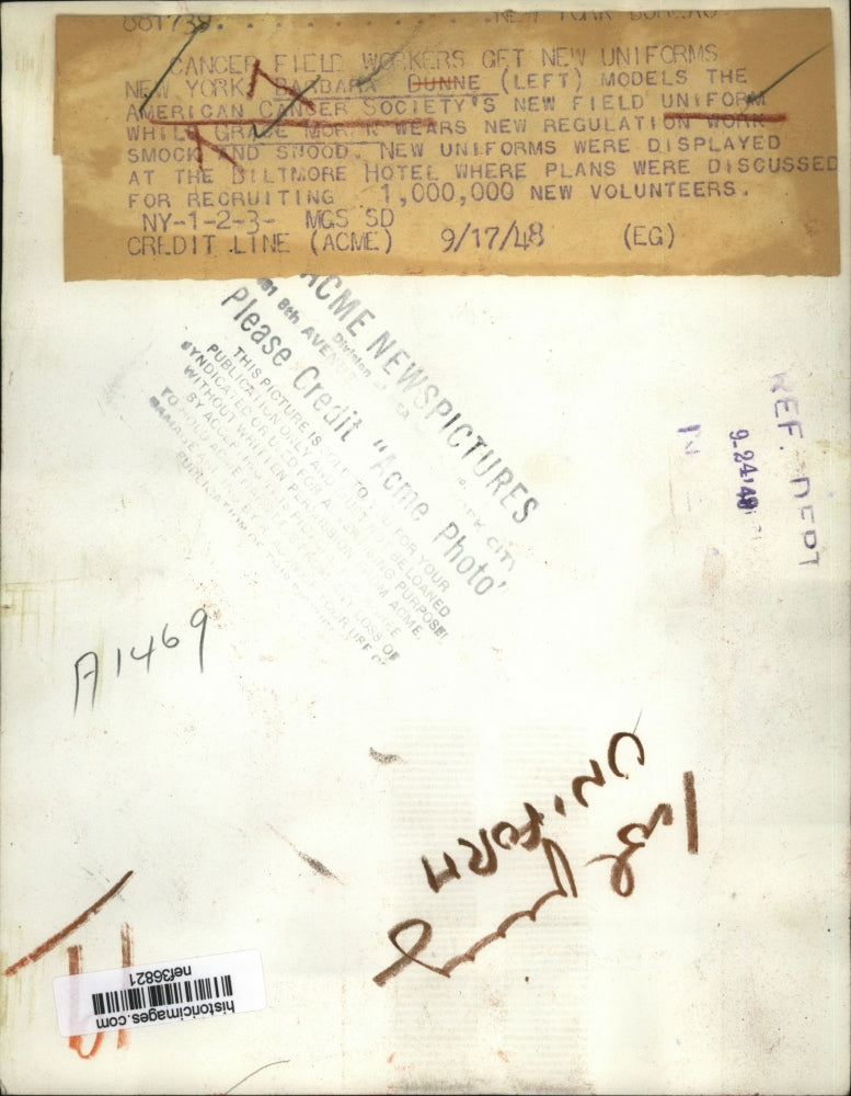 1948 Press Photo American Cancer Society Members Modelling New Uniforms