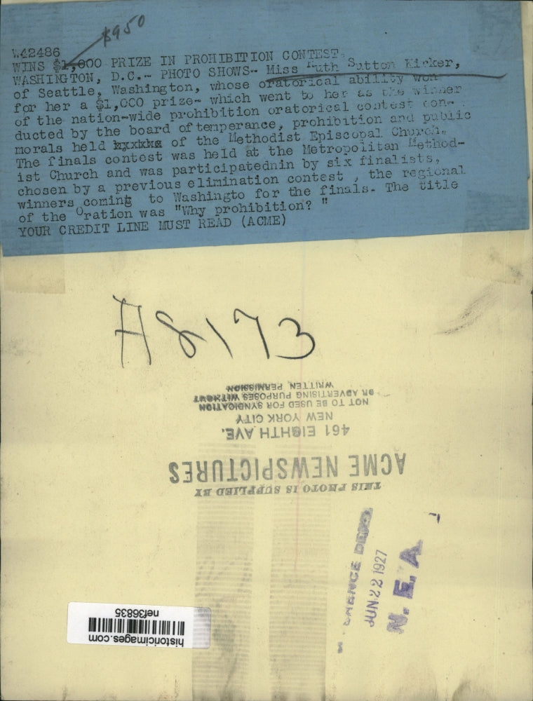 Load image into Gallery viewer, 1927 Press Photo Ruth Sutton kirker, Won $1000 in Prohibition Contest

