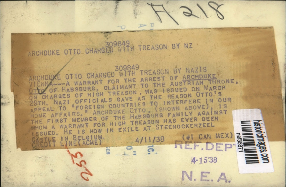 1938 Press Photo Warrant for Arrest of Archduke Otto on Charges of High Treason