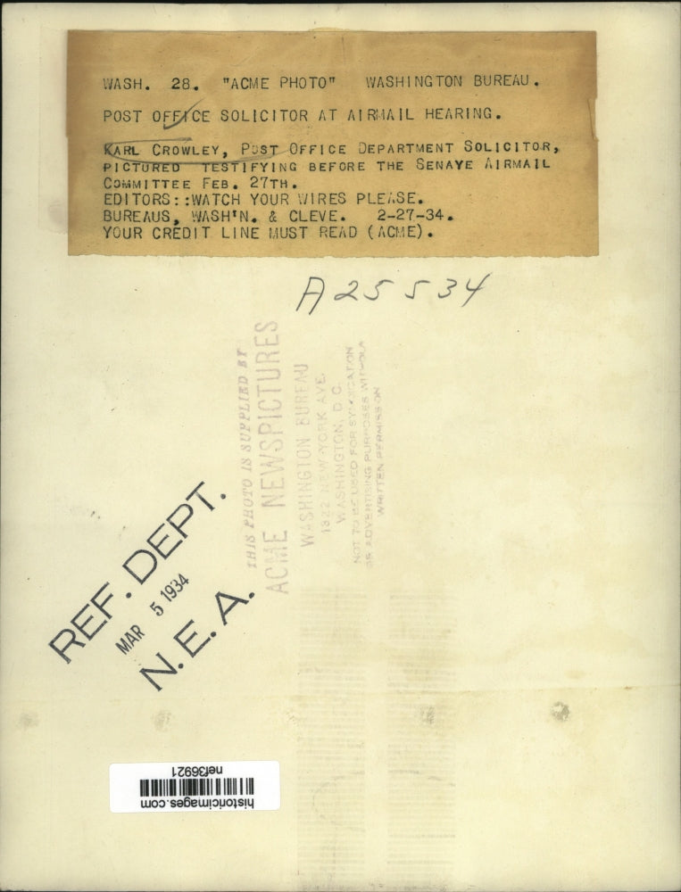 1934 Press Photo Karl Crowley at Senate Airmail Committee Hearing - nef36921