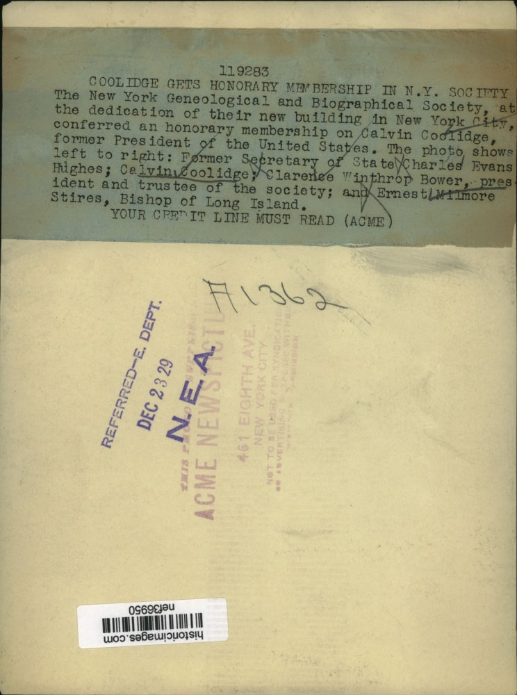1929 Press Photo Calvin Coolidge given NYG&B Honorary Membership, New York