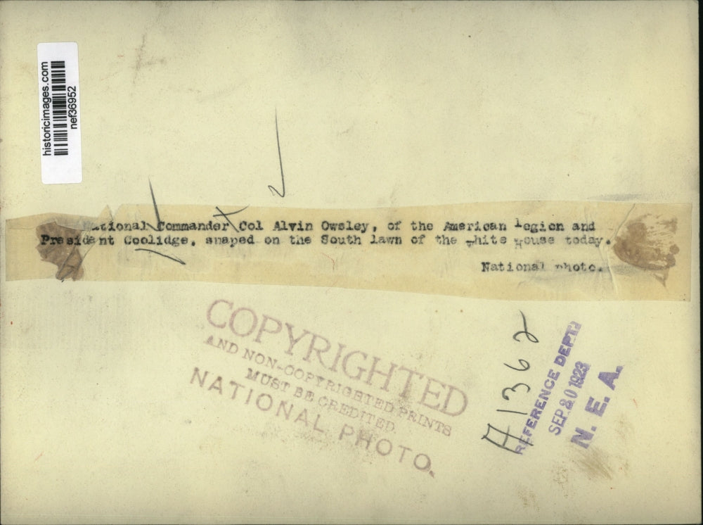 1923 Press Photo Colonel Alvin Owsley, President Calvin Coolidge at White House