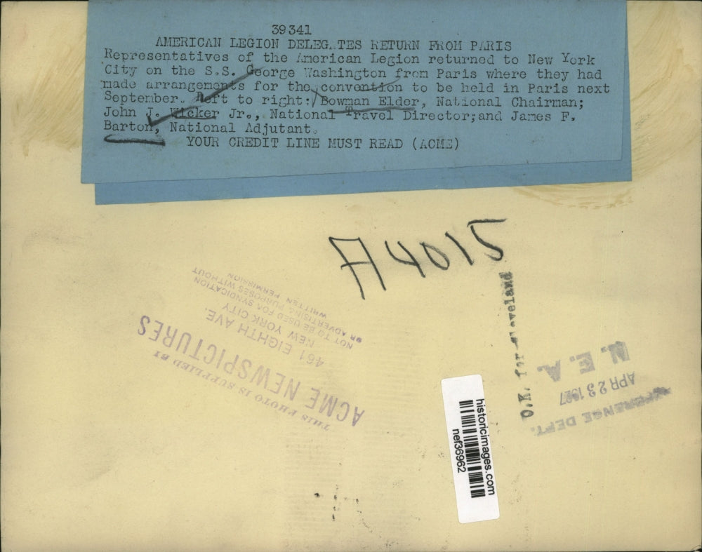 1927 Press Photo American Legion Delegates Return on S.S. Washington From Paris