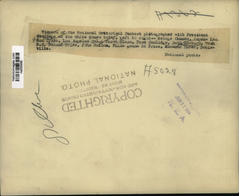 1924 Press Photo Winners of National Oratoriesl Contest Pictured with President