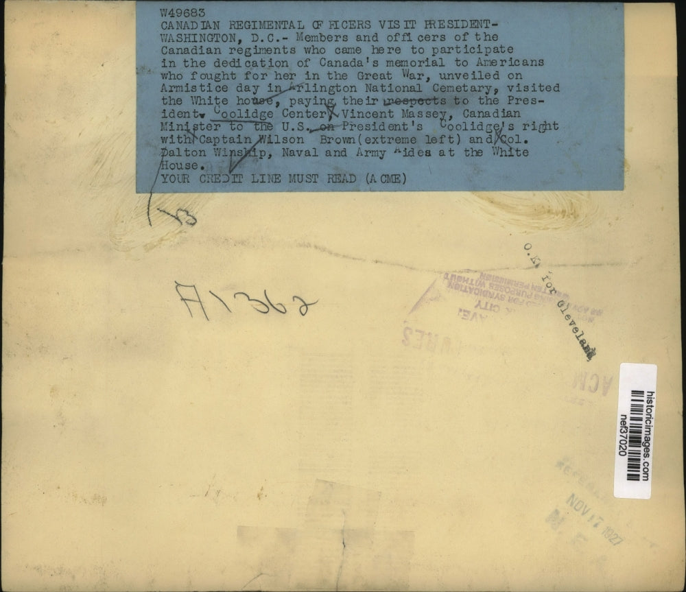 1927 Press Photo Calvin Coolidge Visited by Canadian Regimental Officers