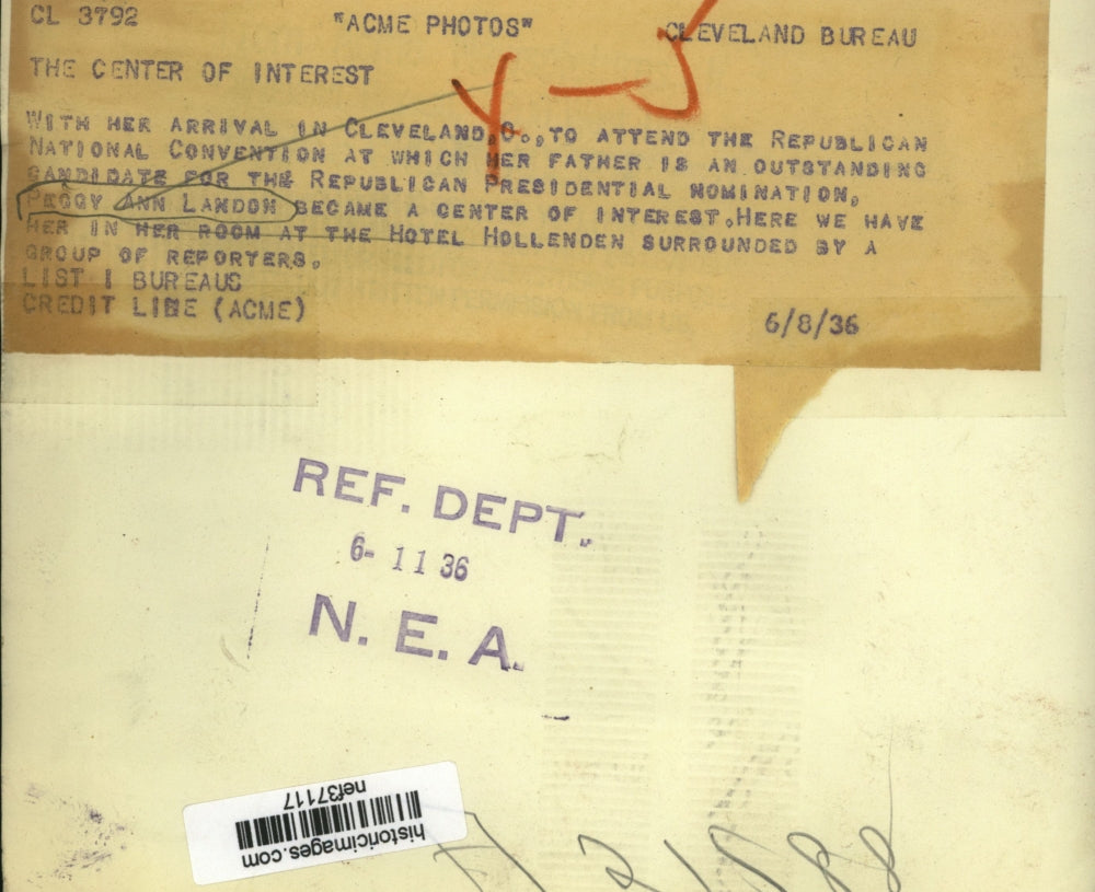 1936 Press Photo Peggy Ann Landon & Reporters at Hotel Hollenden, Cleveland