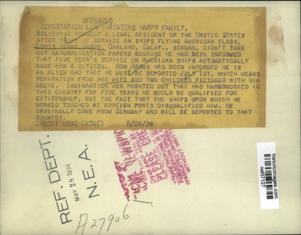 1934 Press Photo Louis Henry Harms & Family, Threatened with Deportation