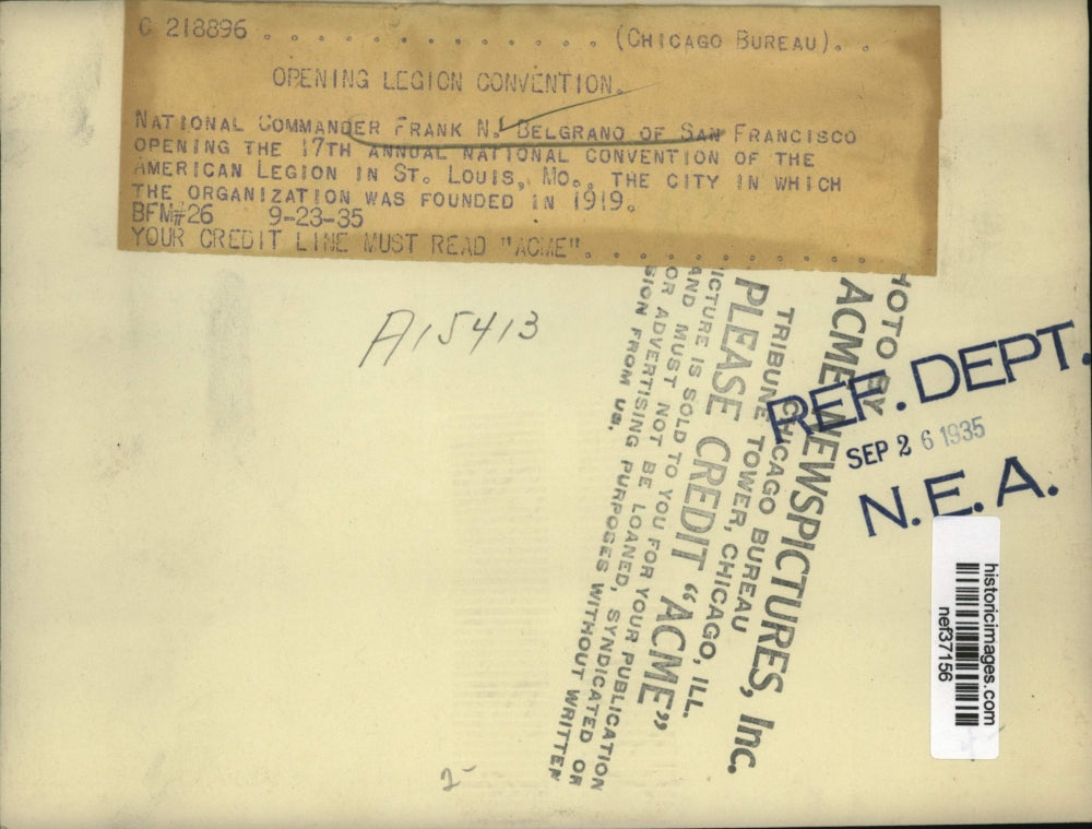 1935 Press Photo Frank N. Belgrano at American Legion Convention, St. Louis