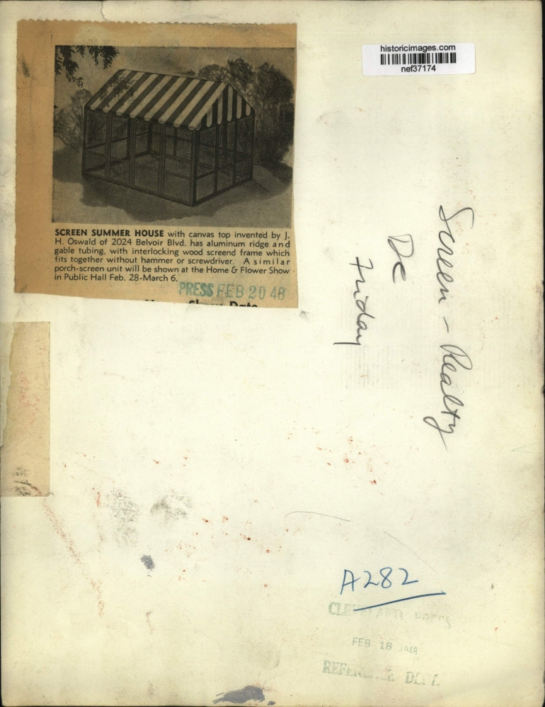 Load image into Gallery viewer, 1948 Press Photo Screen Summer House with Canvas invented by J.H.Oswald
