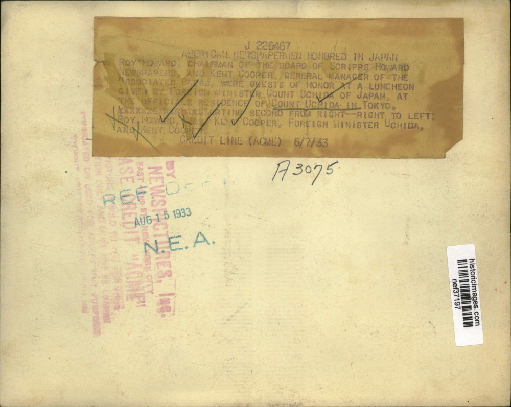 1933 Press Photo Roy Howard, Kent Cooper at Count Uchida Luncheon, Japan