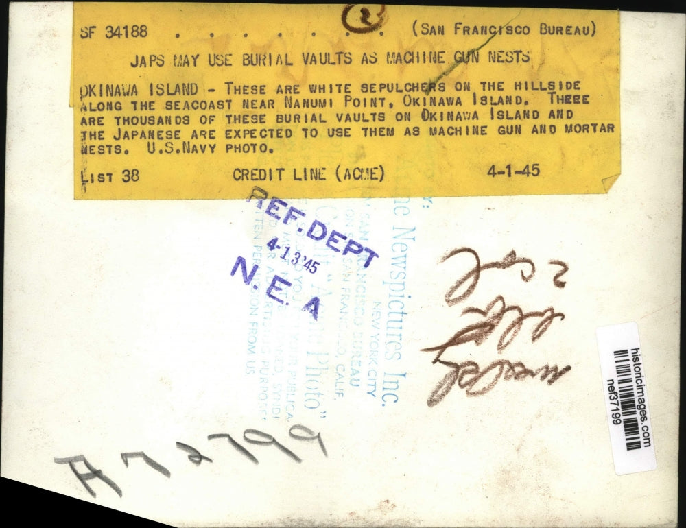 1945 Press Photo Sepulchers at Nanumi Point, Okinawa, Japan - nef37199