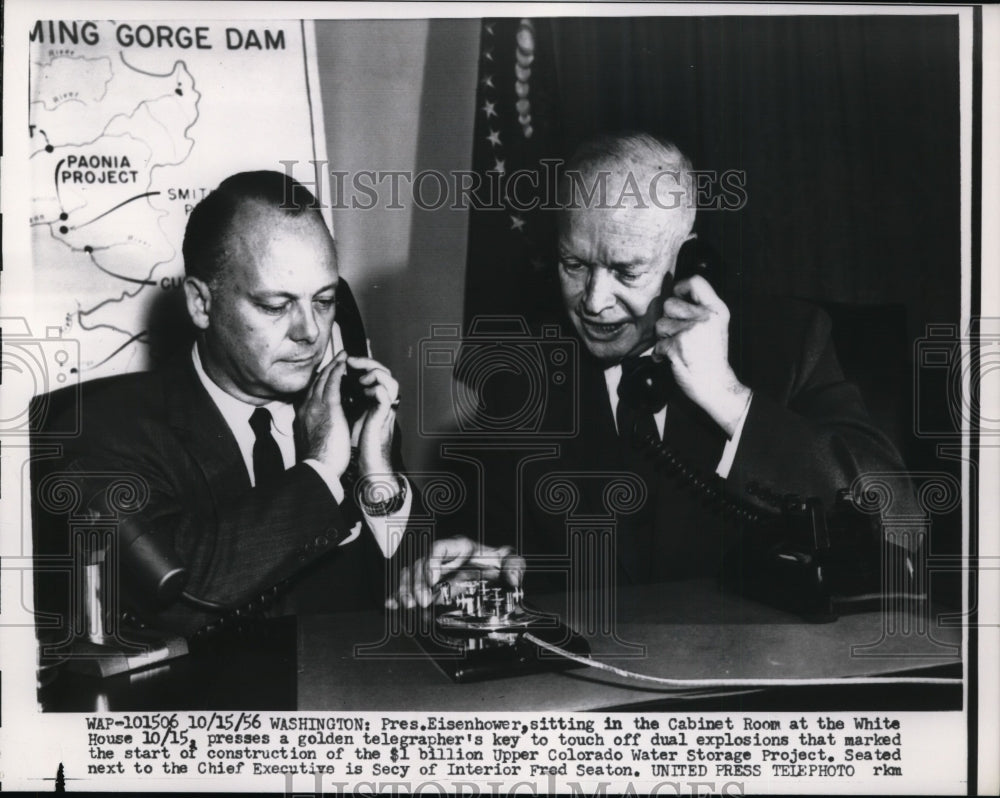 1956 Press Photo Pres.Dwight Eisenhower presses a golden Telegrapher Key
