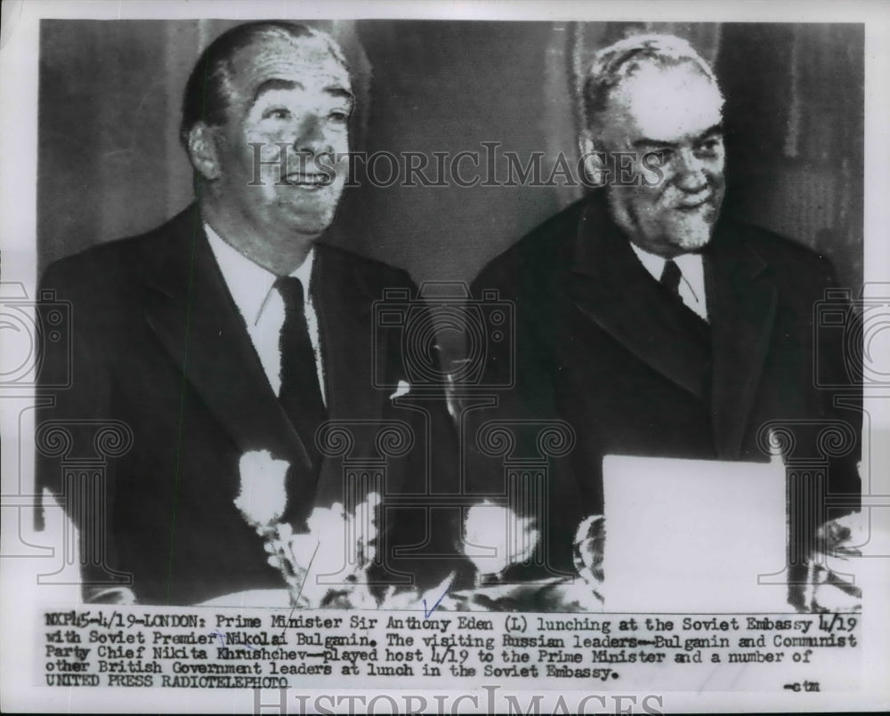 1956 Press Photo Anthony Eden, Nikolai Bulganin at Soviet Embassy, London- Historic Images