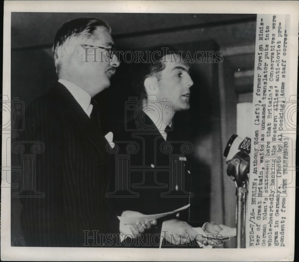 1948 Press Photo Anthony Eden Waits as Unnamed Translator Puts Into German