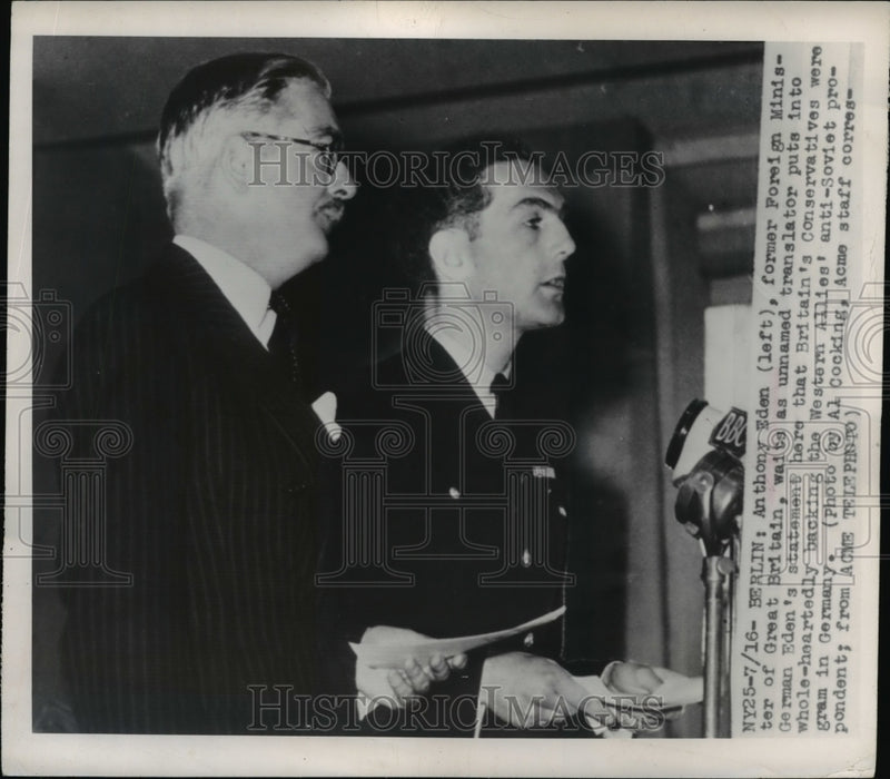 Load image into Gallery viewer, 1948 Press Photo Anthony Eden Waits as Unnamed Translator Puts Into German
