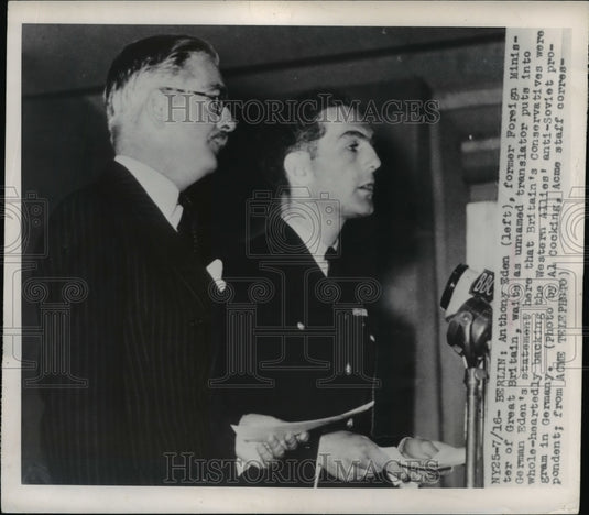 1948 Press Photo Anthony Eden Waits as Unnamed Translator Puts Into German