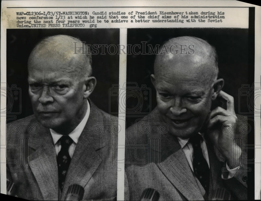 1957 Press Photo Studies of Pres Eisenhower Taken During His News Conference