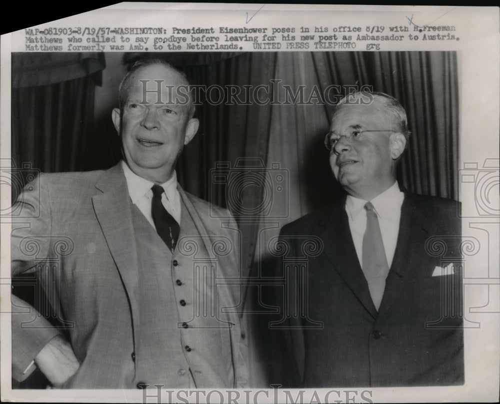 1957 Press Photo Dwight D. Eisenhower, H. Freeman Matthews in Washington, D.C.