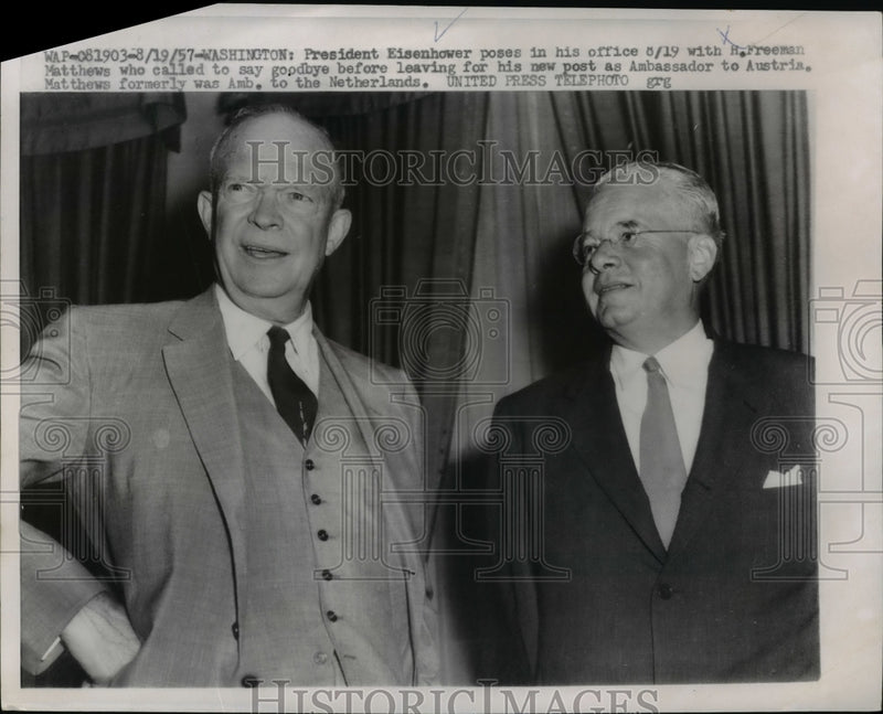 Load image into Gallery viewer, 1957 Press Photo Dwight D. Eisenhower, H. Freeman Matthews in Washington, D.C.
